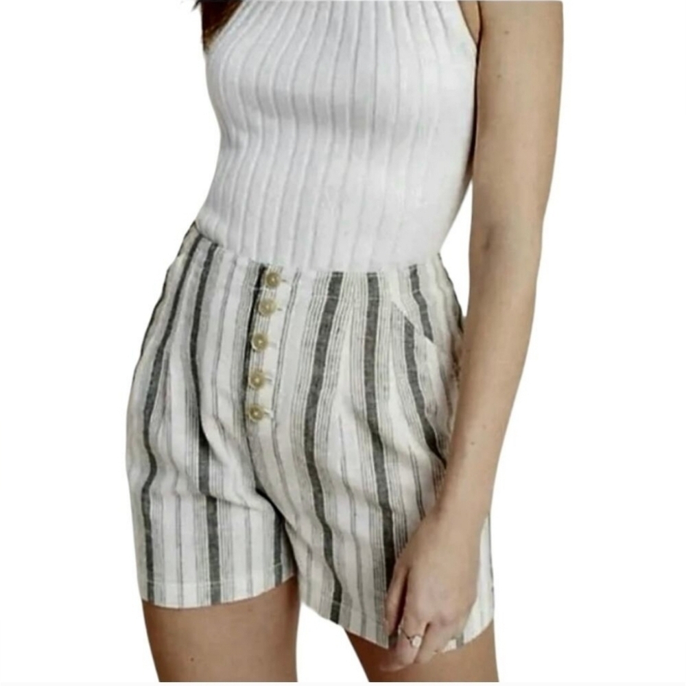 Anthropologie Olive Green And White Striped Button Shorts Size 10